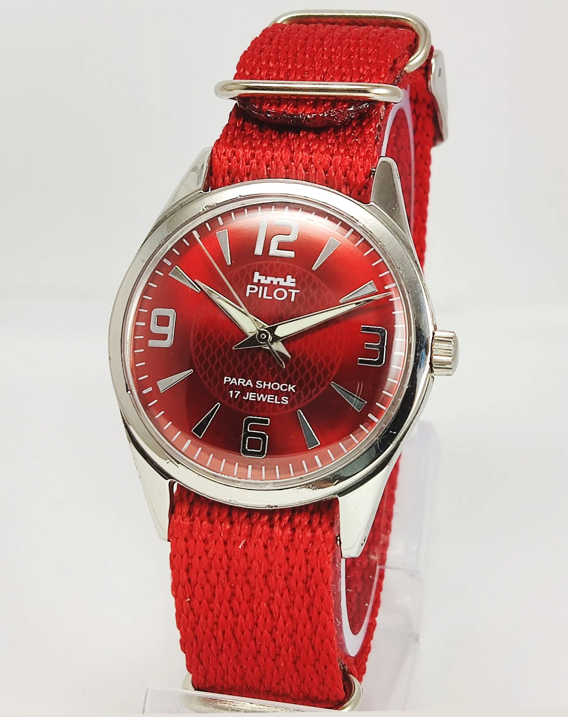 HMT Pilot Para Shock 17 Jewels Maroon Red Dial Mechanical Hand winding Men's Wrist Watch Discover-Diamonds