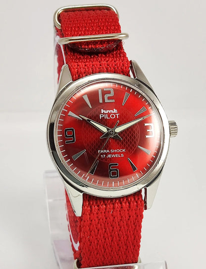 HMT Pilot Para Shock 17 Jewels Maroon Red Dial Mechanical Hand winding Men's Wrist Watch Discover-Diamonds