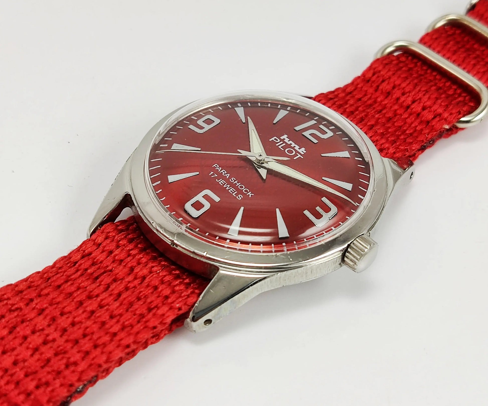 HMT Pilot Para Shock 17 Jewels Maroon Red Dial Mechanical Hand winding Men's Wrist Watch Discover-Diamonds