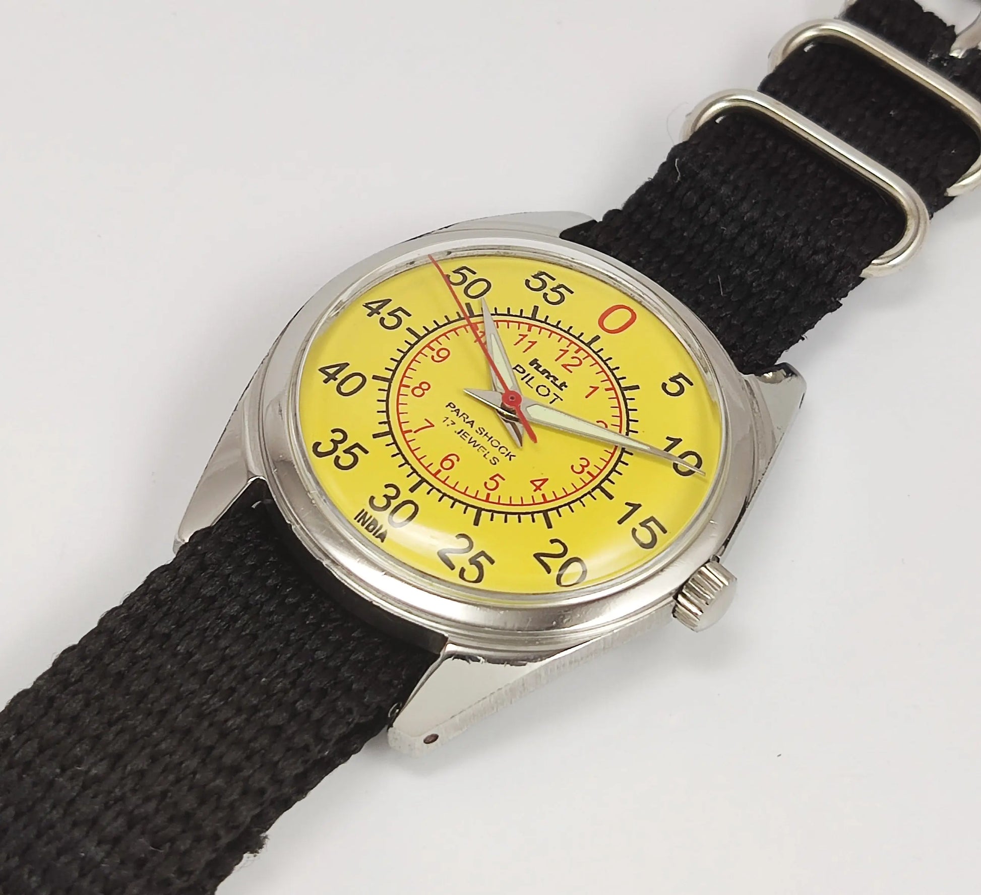 HMT Pilot Para Shock 17 Jewels Yellow Dial Mechanical Hand winding Men's Wrist Watch Discover-Diamonds