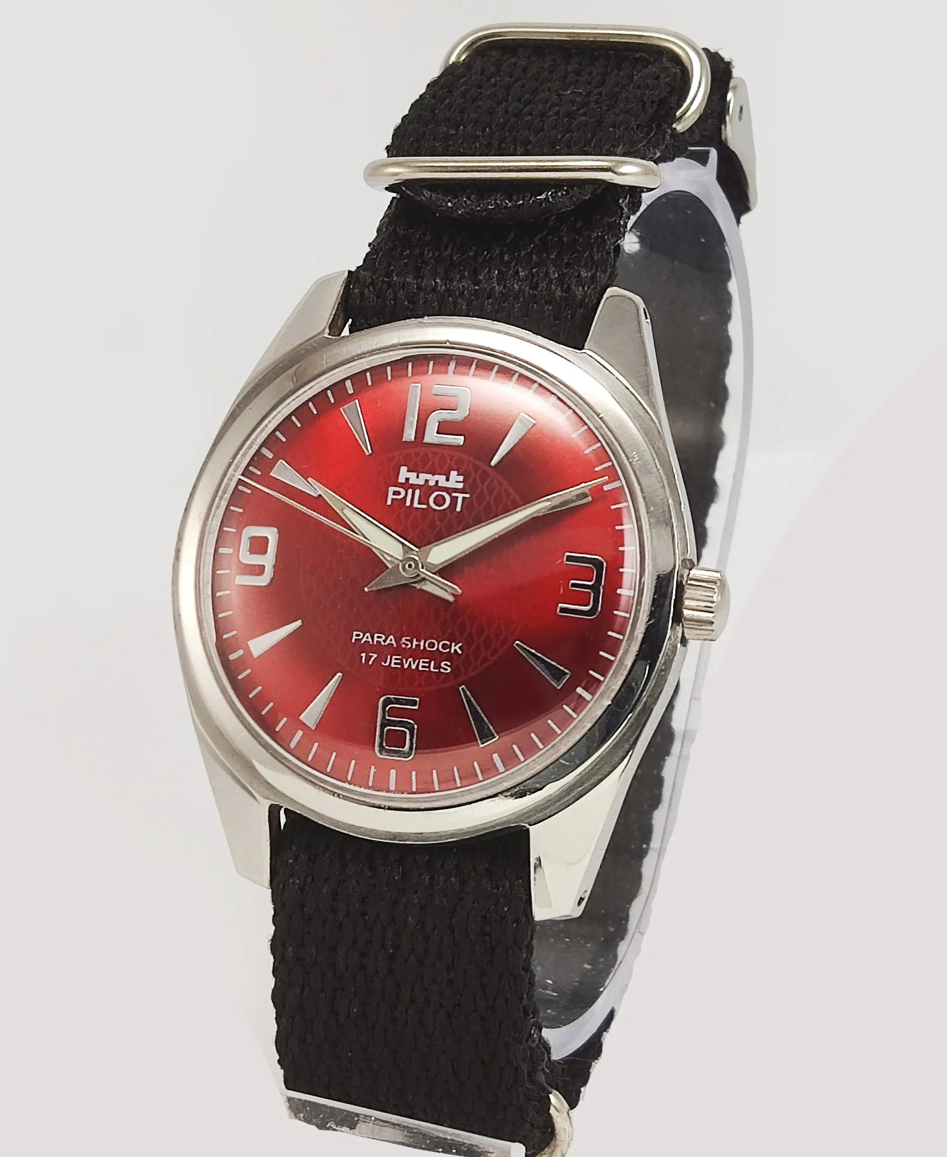 HMT Pilot Para Shock 17 Jewels Maroon Red Dial Mechanical Hand winding Men's Wrist Watch Discover-Diamonds