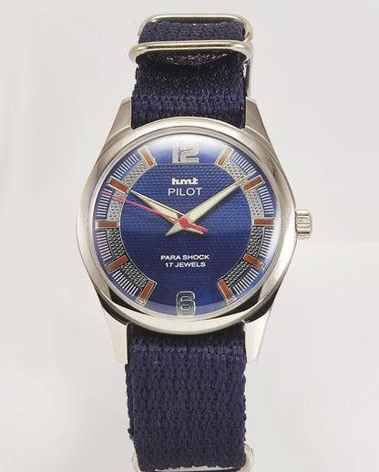 HMT Pilot Para Shock 17 Jewels Blue Dial Transparent Back Mechanical Hand winding Men's Wrist Watch - Discover-Diamonds