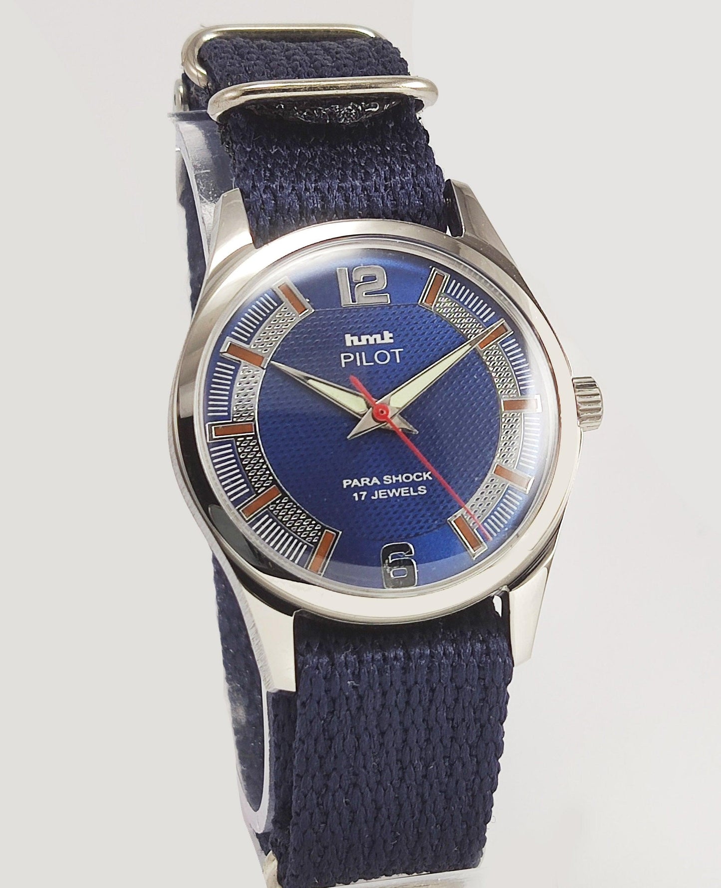 HMT Pilot Para Shock 17 Jewels Blue Dial Transparent Back Mechanical Hand winding Men's Wrist Watch - Discover-Diamonds