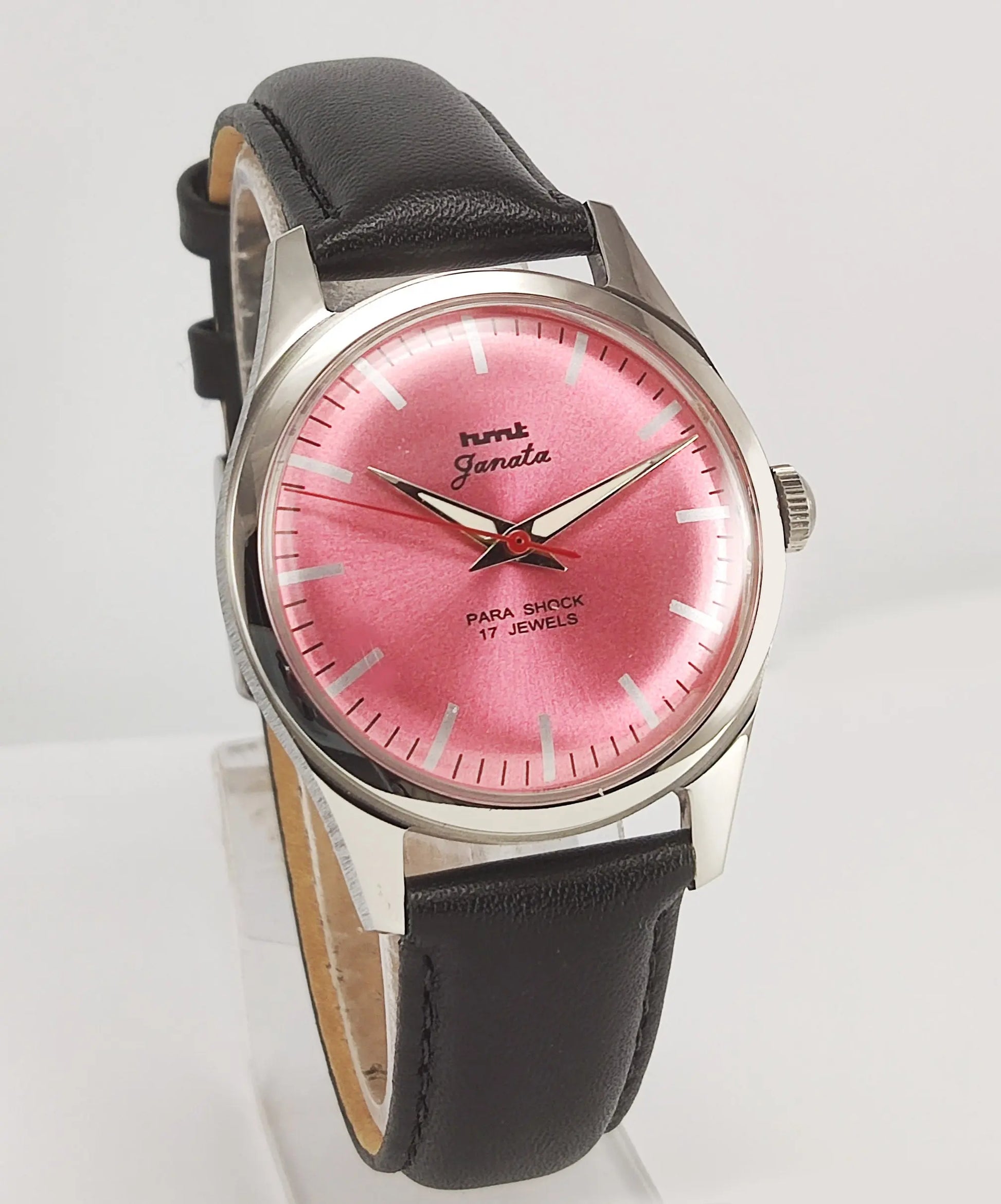 HMT Janata Para Shock 17 Jewels Pink Dial Transparent Back Mechanical Hand winding Men's Wrist Watch Discover-Diamonds