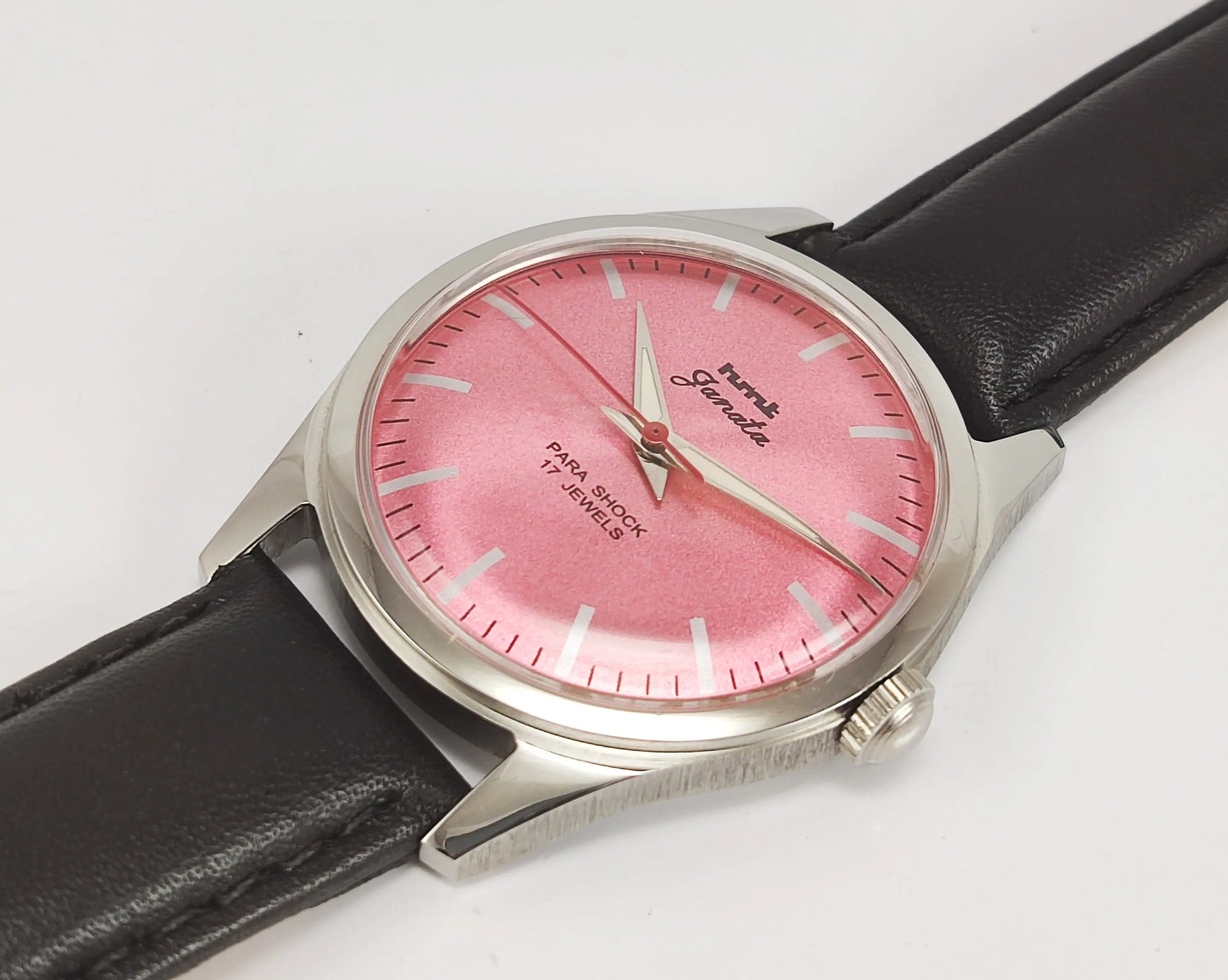 HMT Janata Para Shock 17 Jewels Pink Dial Transparent Back Mechanical Hand winding Men's Wrist Watch Discover-Diamonds