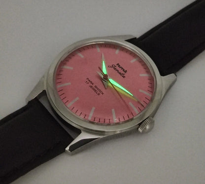 HMT Janata Para Shock 17 Jewels Pink Dial Transparent Back Mechanical Hand winding Men's Wrist Watch Discover-Diamonds