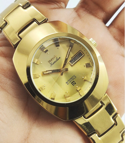 HMT Kanchan Para Shock 21 Jewels Golden Dial Day Date Function Mechanical Automatic Men's Wrist Watch Discover-Diamonds