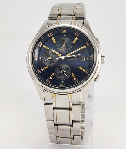 Seiko Chronograph-7T92A Blue Dial Date Functions Men's Wrist Watch Model Number-7T92A - Discover-Diamonds