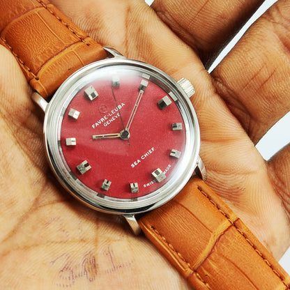 Favre-Leuba Maroon Color Dial Sea Chief Twin Power-253 17 Jewels Swiss Made Mechanical Hand-Winding Men's Wrist Mechanical Watch Discover-Diamonds