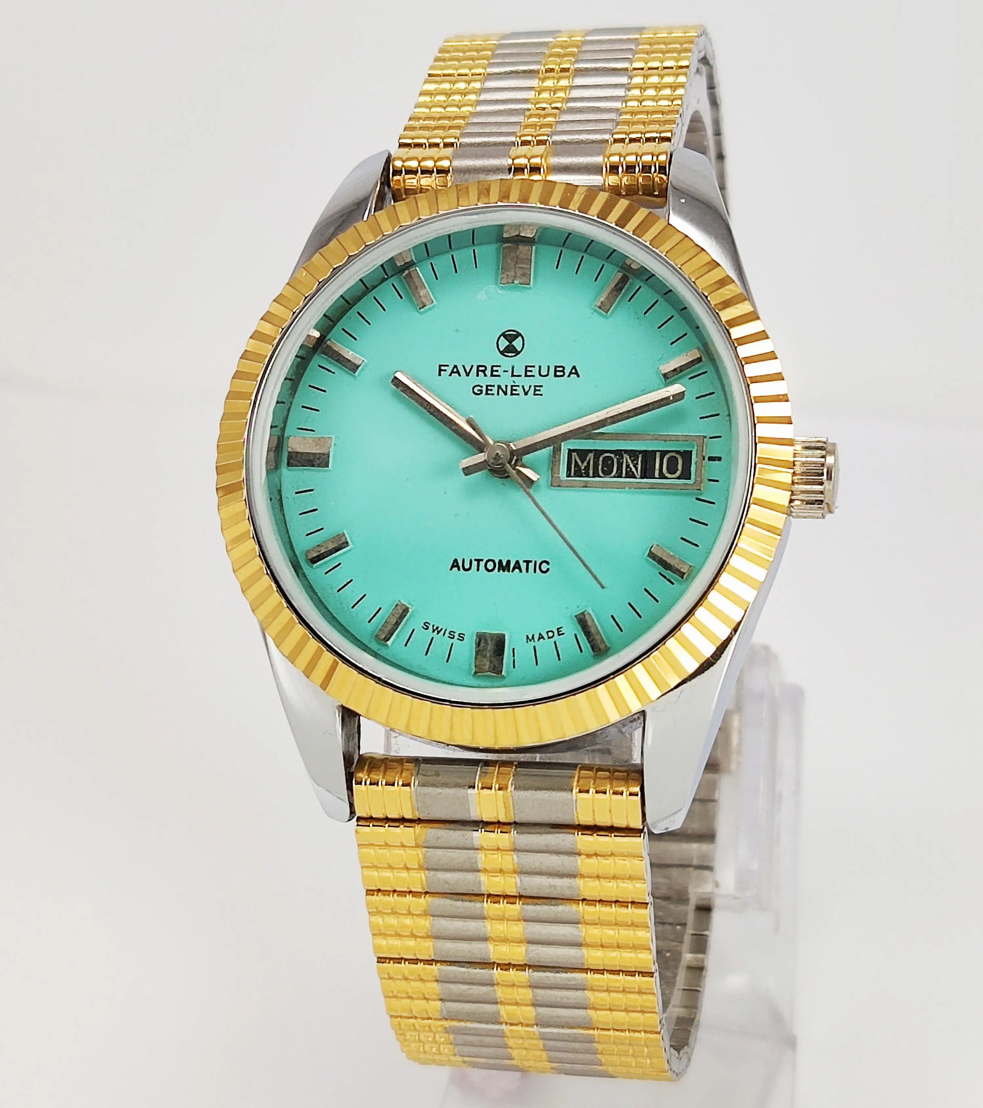 Favre-Leuba Geneve Automatic-2066 Swiss Made Turquoise Color Dial Day-Date Function Men's Automatic Wrist Watch Discover Diamonds