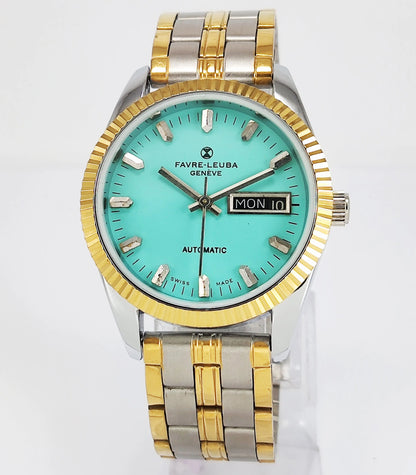 Favre-Leuba Geneve Automatic-2066 Swiss Made Turquoise Color Dial Golden Color Day-Date Function Men's Automatic Wrist Watch Discover Diamonds