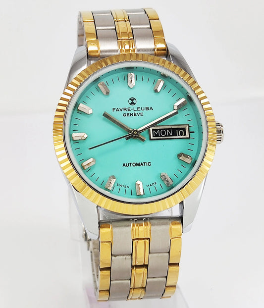 Favre-Leuba Geneve Automatic-2066 Swiss Made Turquoise Color Dial Golden Color Day-Date Function Men's Automatic Wrist Watch Discover Diamonds