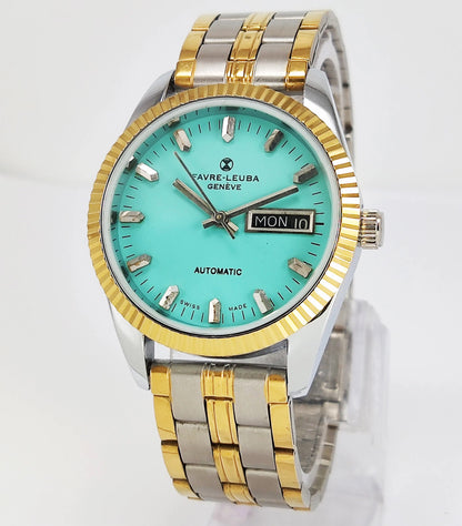 Favre-Leuba Geneve Automatic-2066 Swiss Made Turquoise Color Dial Golden Color Day-Date Function Men's Automatic Wrist Watch Discover Diamonds