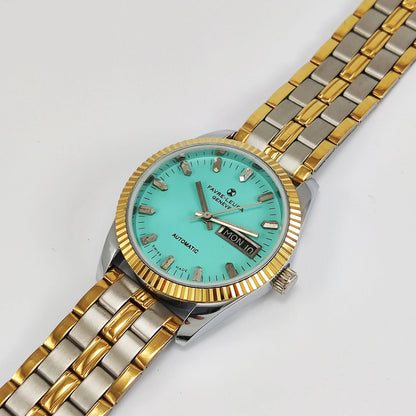 Favre-Leuba Geneve Automatic-2066 Swiss Made Turquoise Color Dial Golden Color Day-Date Function Men's Automatic Wrist Watch Discover Diamonds