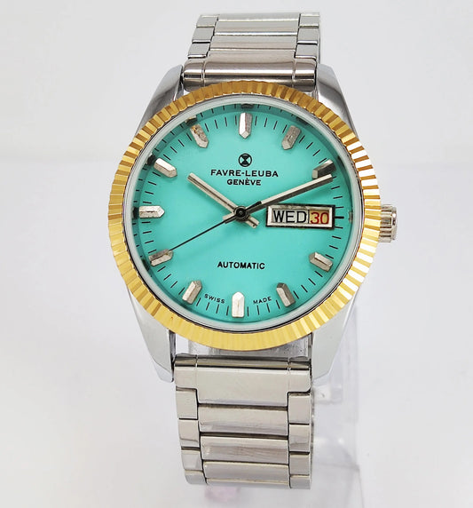 Favre-Leuba Geneve Automatic-2066 Swiss Made Turquoise Color Dial Golden Color Day-Date Function Men's Automatic Wrist Watch Discover Diamonds