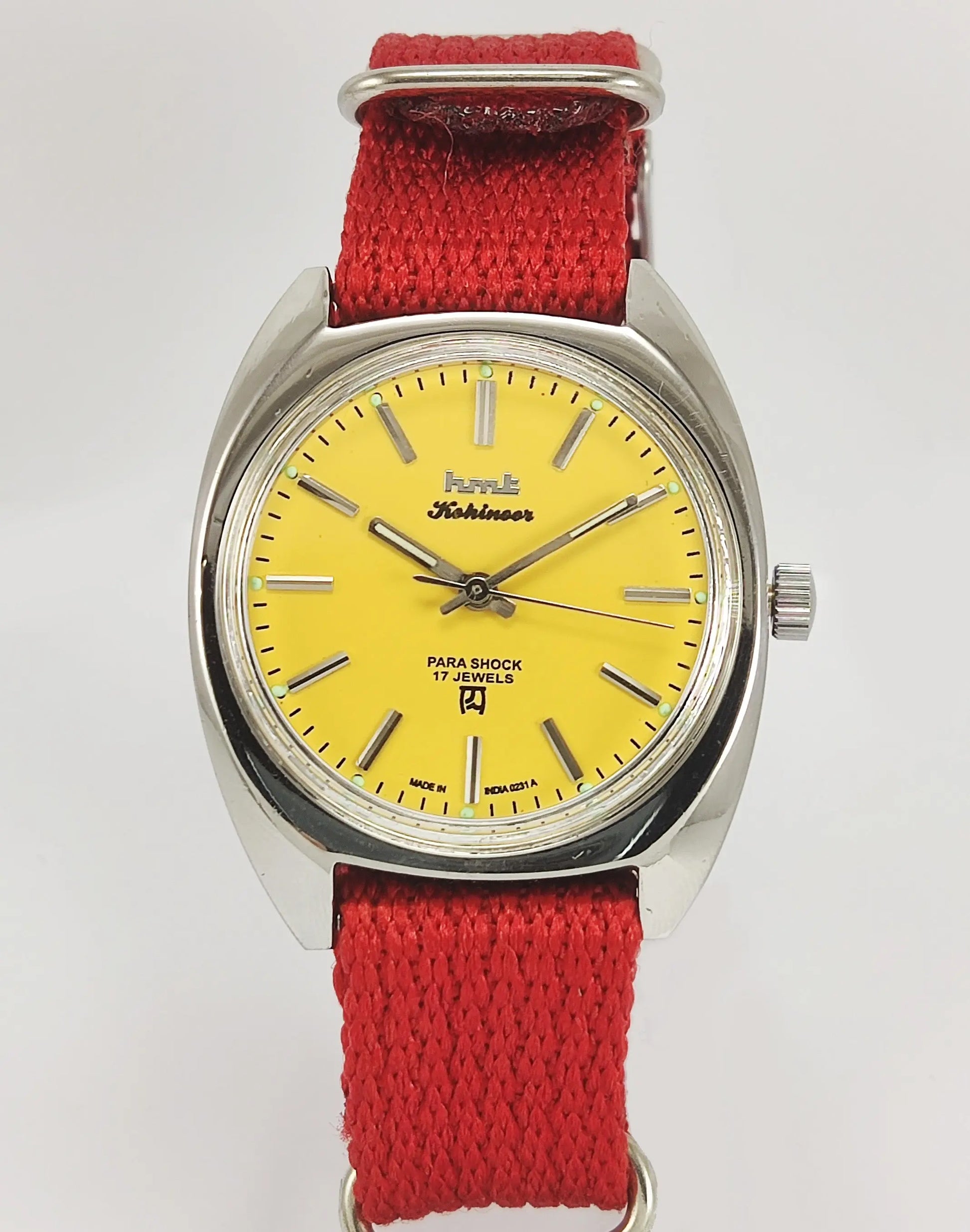 HMT Kohinoor Para Shock 17 Jewels Sun Yellow Dial Mechanical Hand winding Men's Wrist Watch Discover-Diamonds