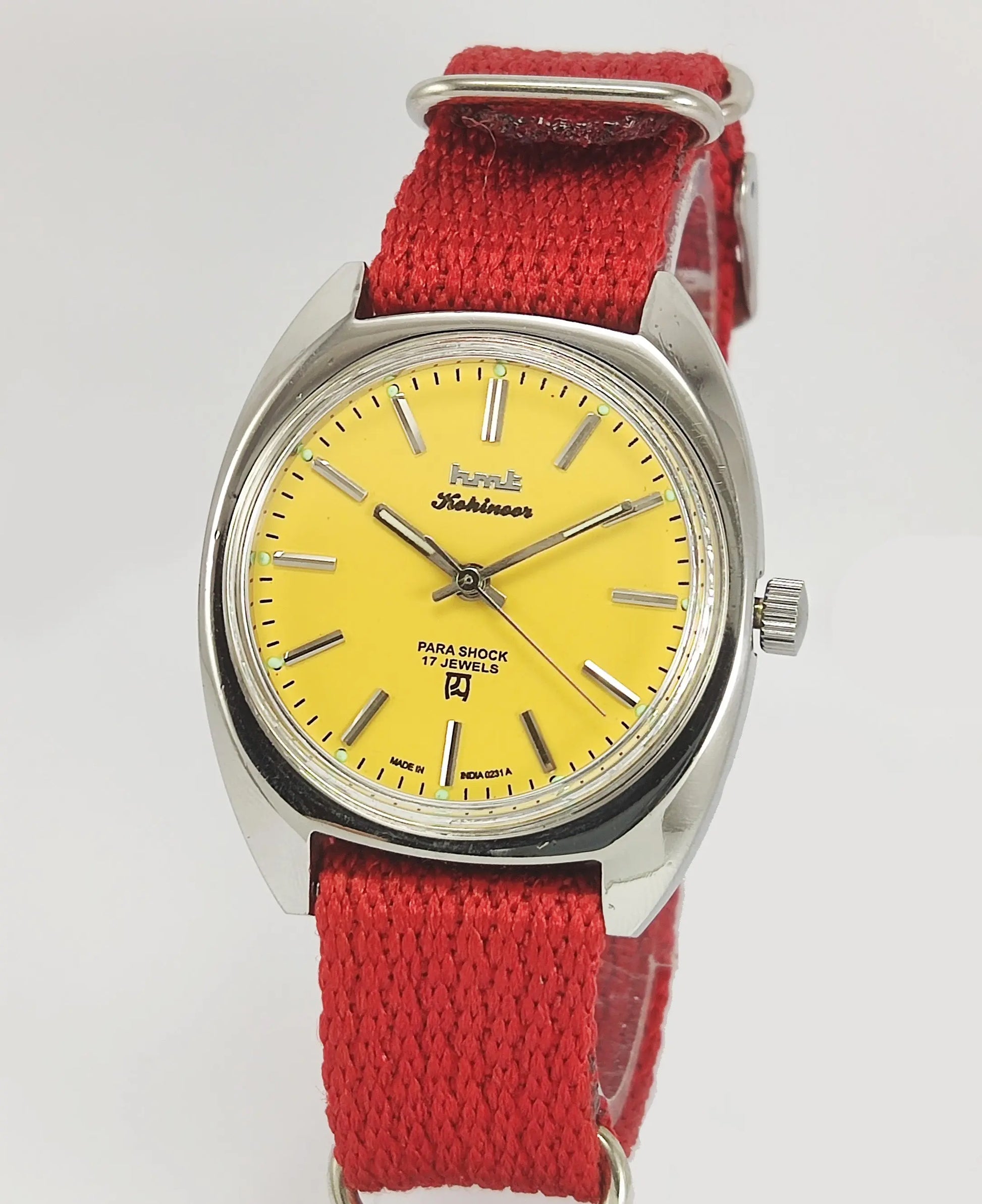 HMT Kohinoor Para Shock 17 Jewels Sun Yellow Dial Mechanical Hand winding Men's Wrist Watch Discover-Diamonds