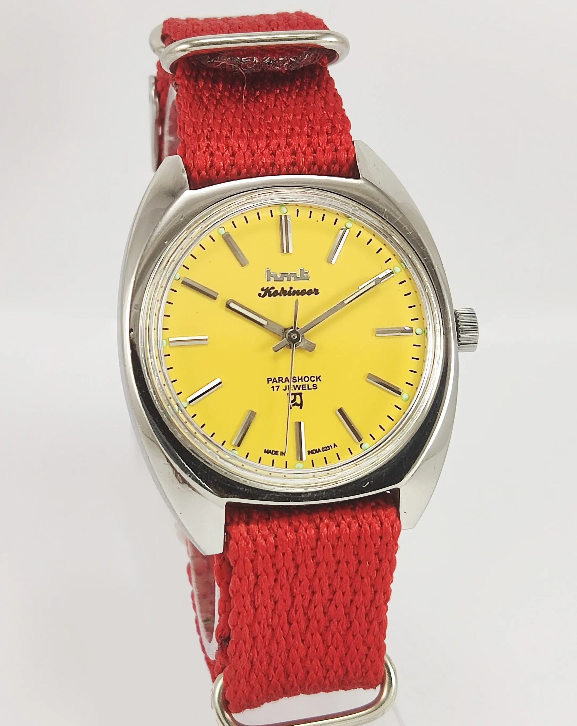 HMT Kohinoor Para Shock 17 Jewels Sun Yellow Dial Mechanical Hand winding Men's Wrist Watch Discover-Diamonds