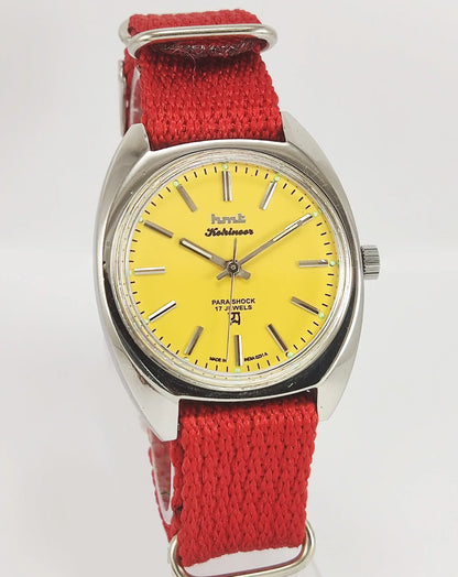 HMT Kohinoor Para Shock 17 Jewels Sun Yellow Dial Mechanical Hand winding Men's Wrist Watch Discover-Diamonds