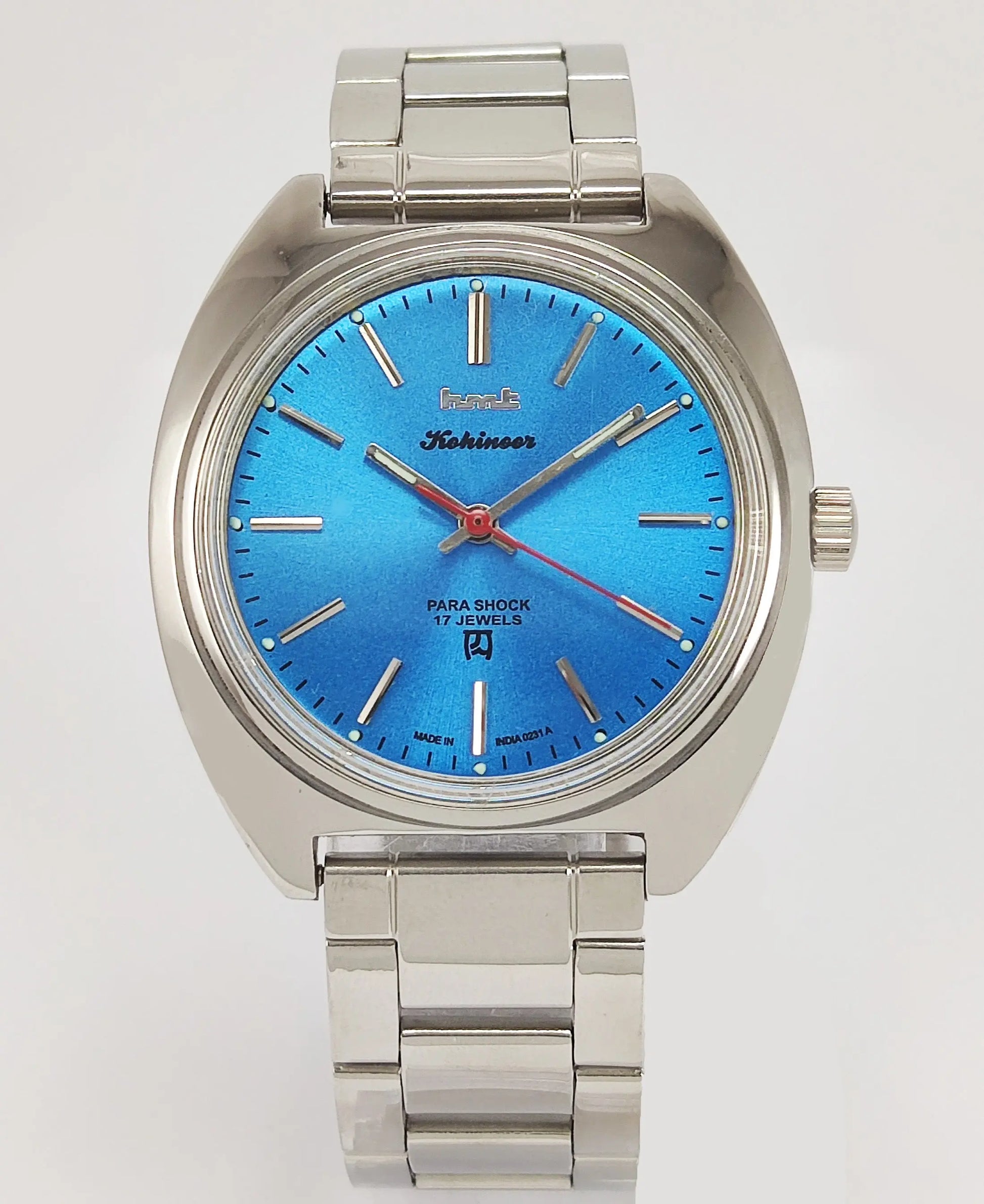 HMT Kohinoor Para Shock 17 Jewels Blue Dial Mechanical Hand winding Men's Wrist Watch Discover-Diamonds