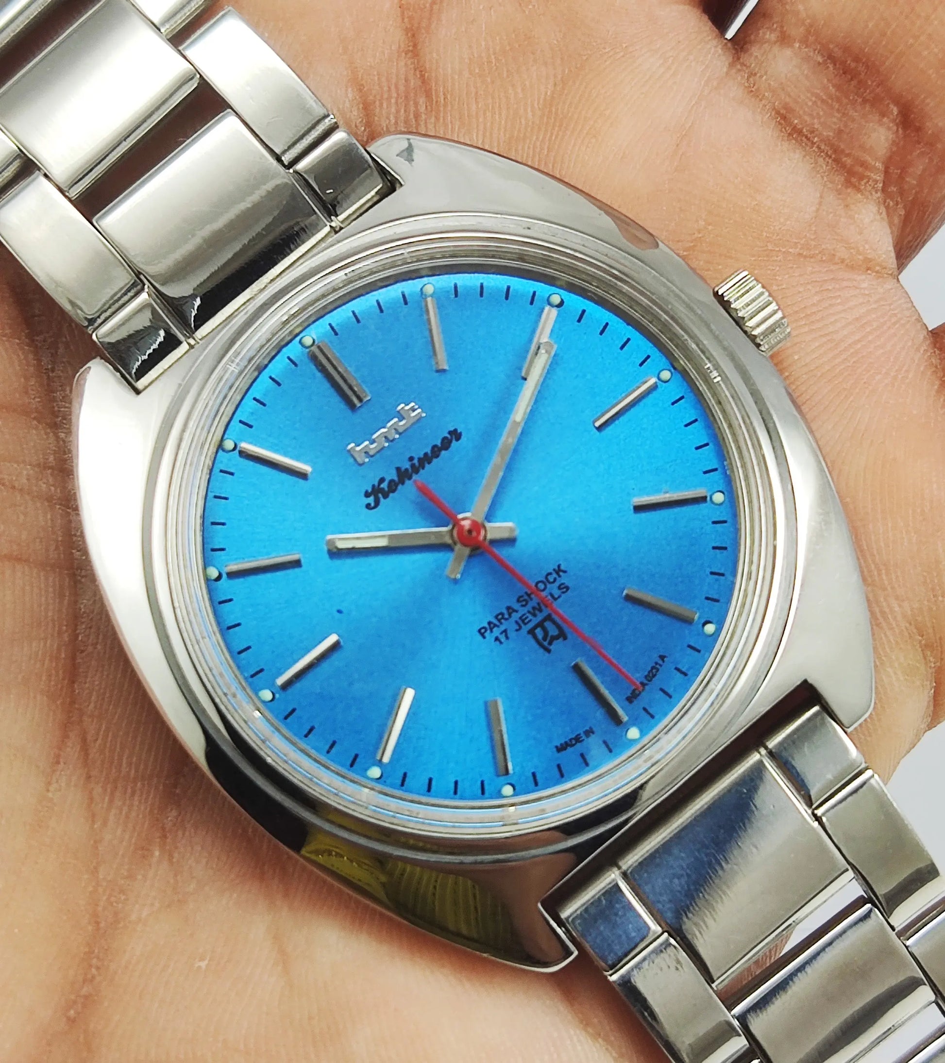 HMT Kohinoor Para Shock 17 Jewels Blue Dial Mechanical Hand winding Men's Wrist Watch Discover-Diamonds