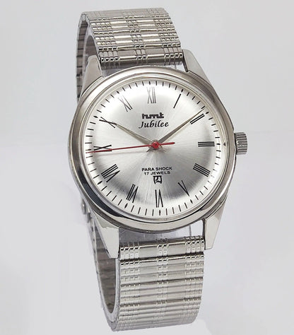 HMT Jubilee Para Shock 17 Jewels Silver Dial Mechanical Hand winding Men's Wrist Watch - Discover-Diamonds