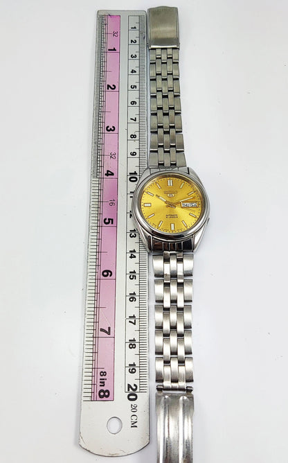 Seiko 5 Mechanical Automatic-7S26B Analog 21 Jewels Day Date Golden Dial Men's Wrist Watch - Discover-Diamonds
