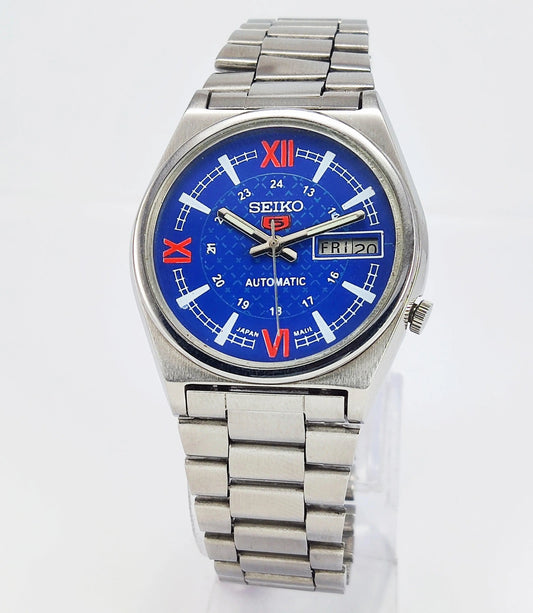 Seiko 5 Automatic-7019A Analog 21 Jewels Day Date Blue Dial Men's Wrist Mechanical Watch - Discover-Diamonds