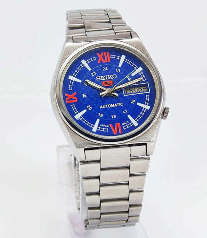 Seiko 5 Automatic-7019A Analog 21 Jewels Day Date Blue Dial Men's Wrist Mechanical Watch - Discover-Diamonds