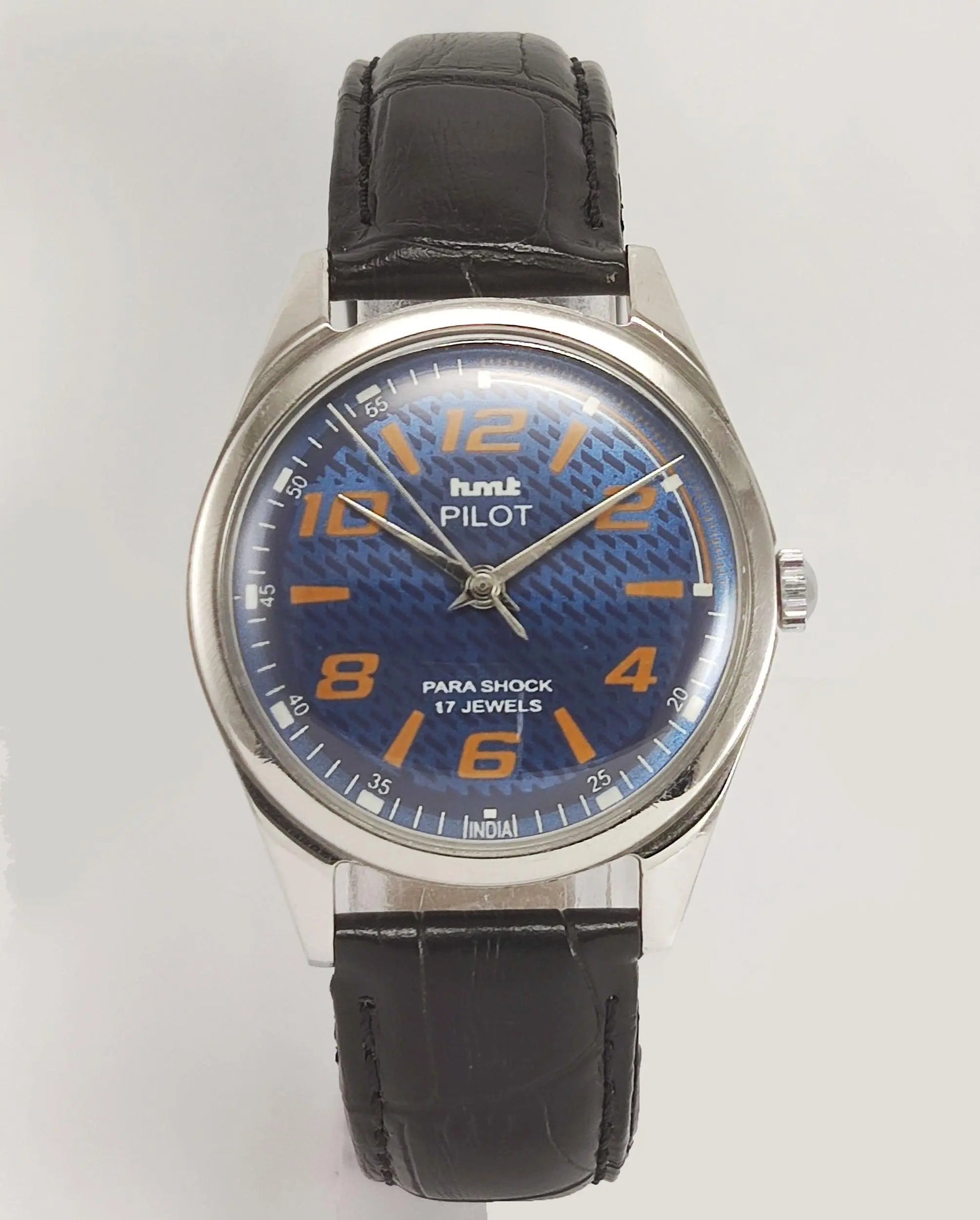 HMT Pilot Para Shock 17 Jewels Blue Dial Mechanical Hand winding Men's Wrist Watch - Discover-Diamonds