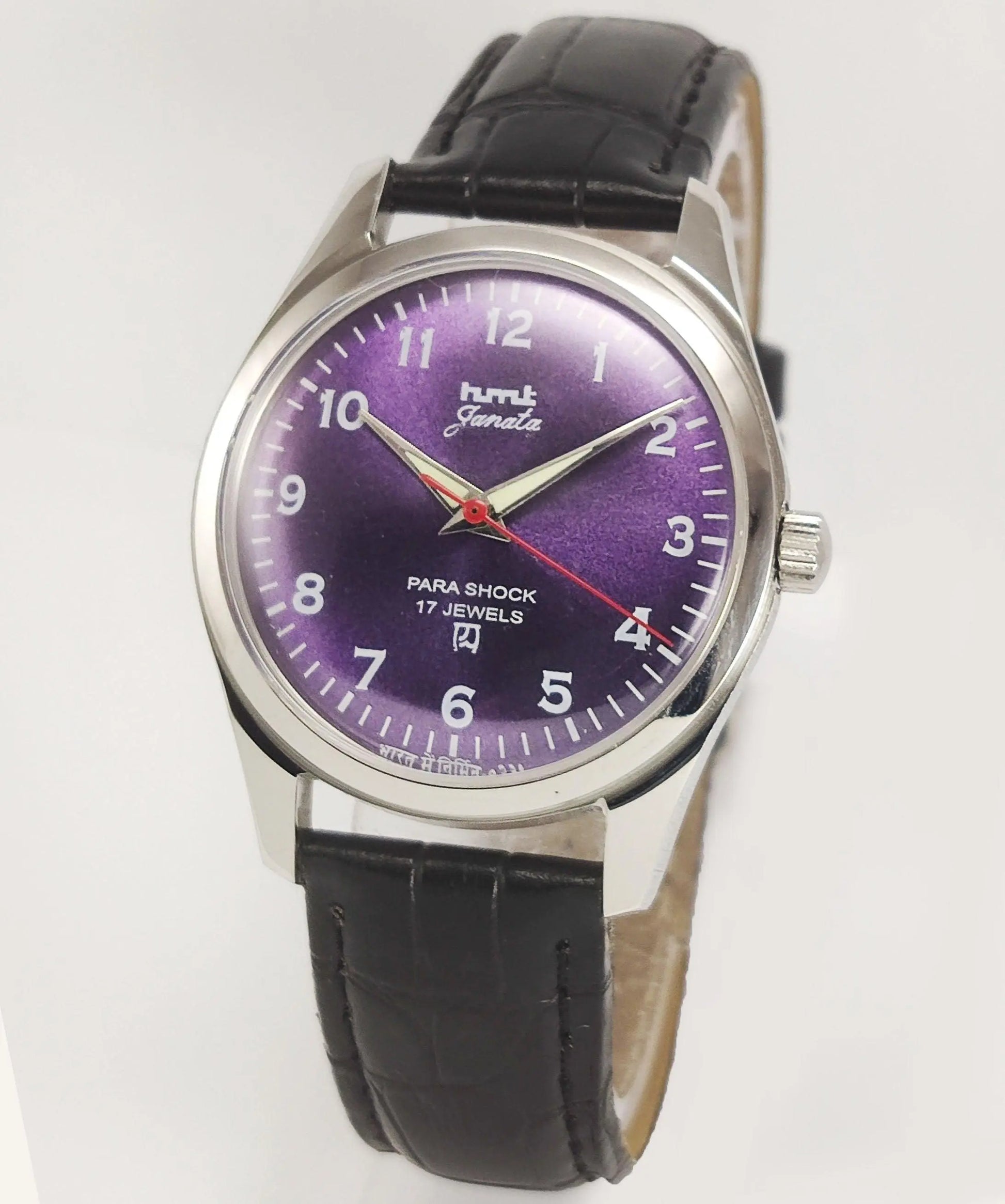 HMT Janata Para Shock 17 Jewels Purple Dial Transparent Back Mechanical Hand winding Men's Wrist Watch - Discover-Diamonds