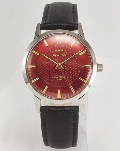 HMT Sona Para Shock 17 Jewels Maroon Red Dial Mechanical Hand winding Men's Wrist Watch - Discover-Diamonds