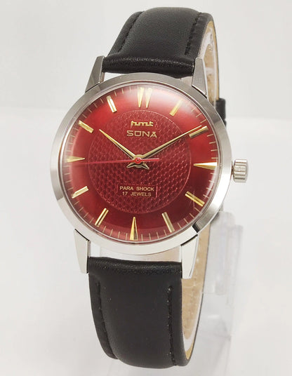 HMT Sona Para Shock 17 Jewels Maroon Red Dial Mechanical Hand winding Men's Wrist Watch - Discover-Diamonds