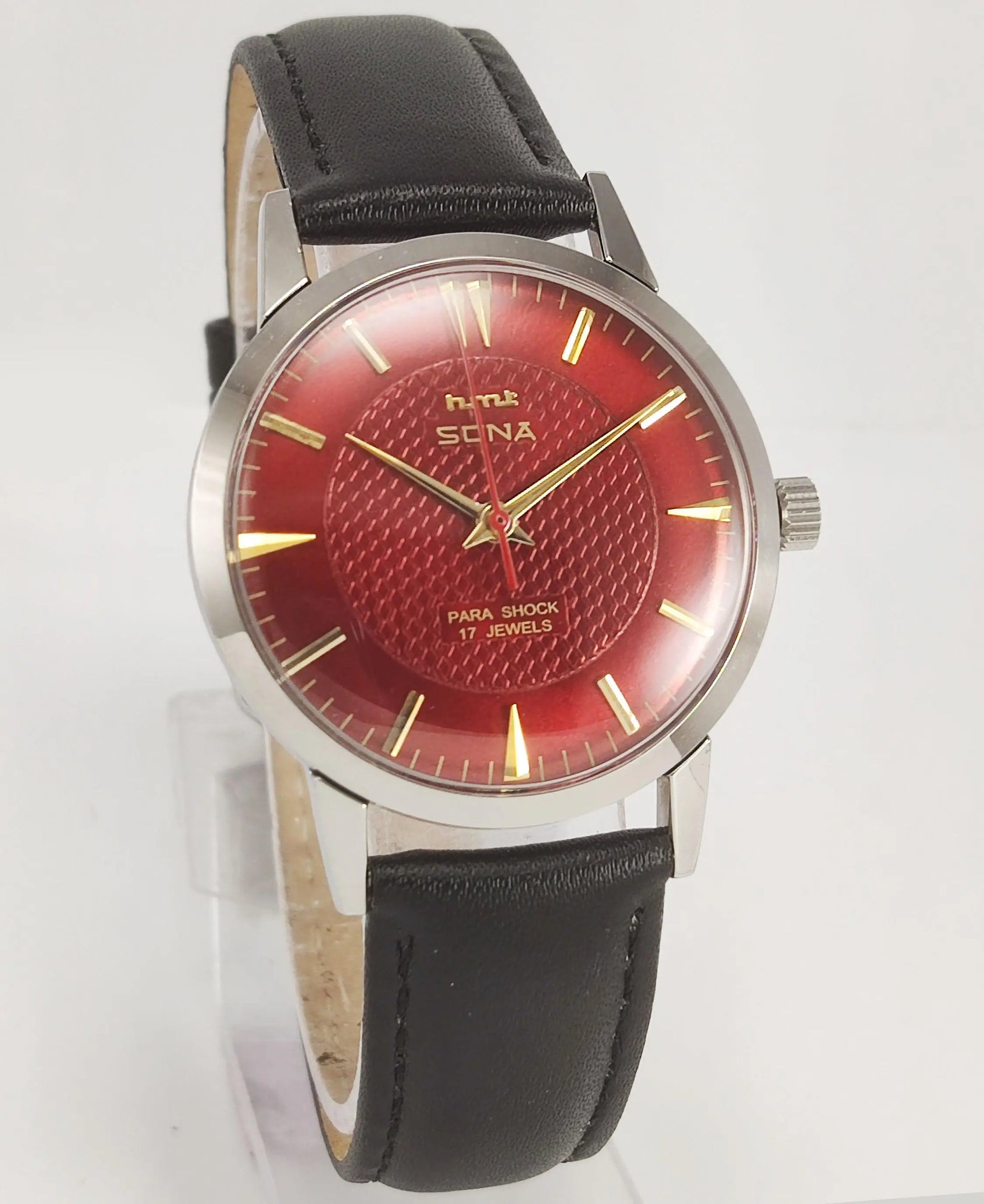 HMT Sona Para Shock 17 Jewels Maroon Red Dial Mechanical Hand winding Men's Wrist Watch - Discover-Diamonds