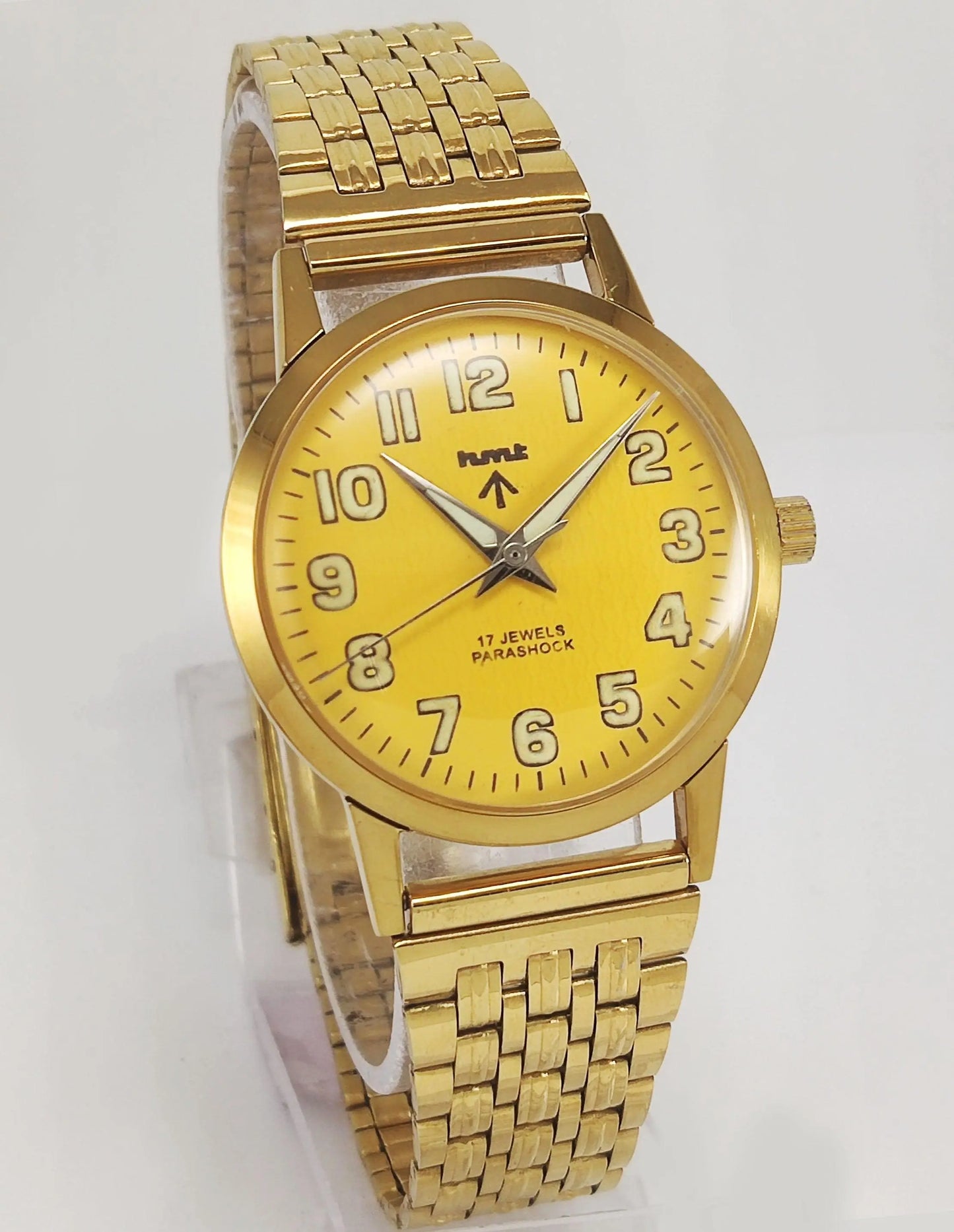 HMT Night Glow Yellow Dial Para Shock 17 Jewels Mechanical Hand winding Men's Wrist Watch - Discover-Diamonds