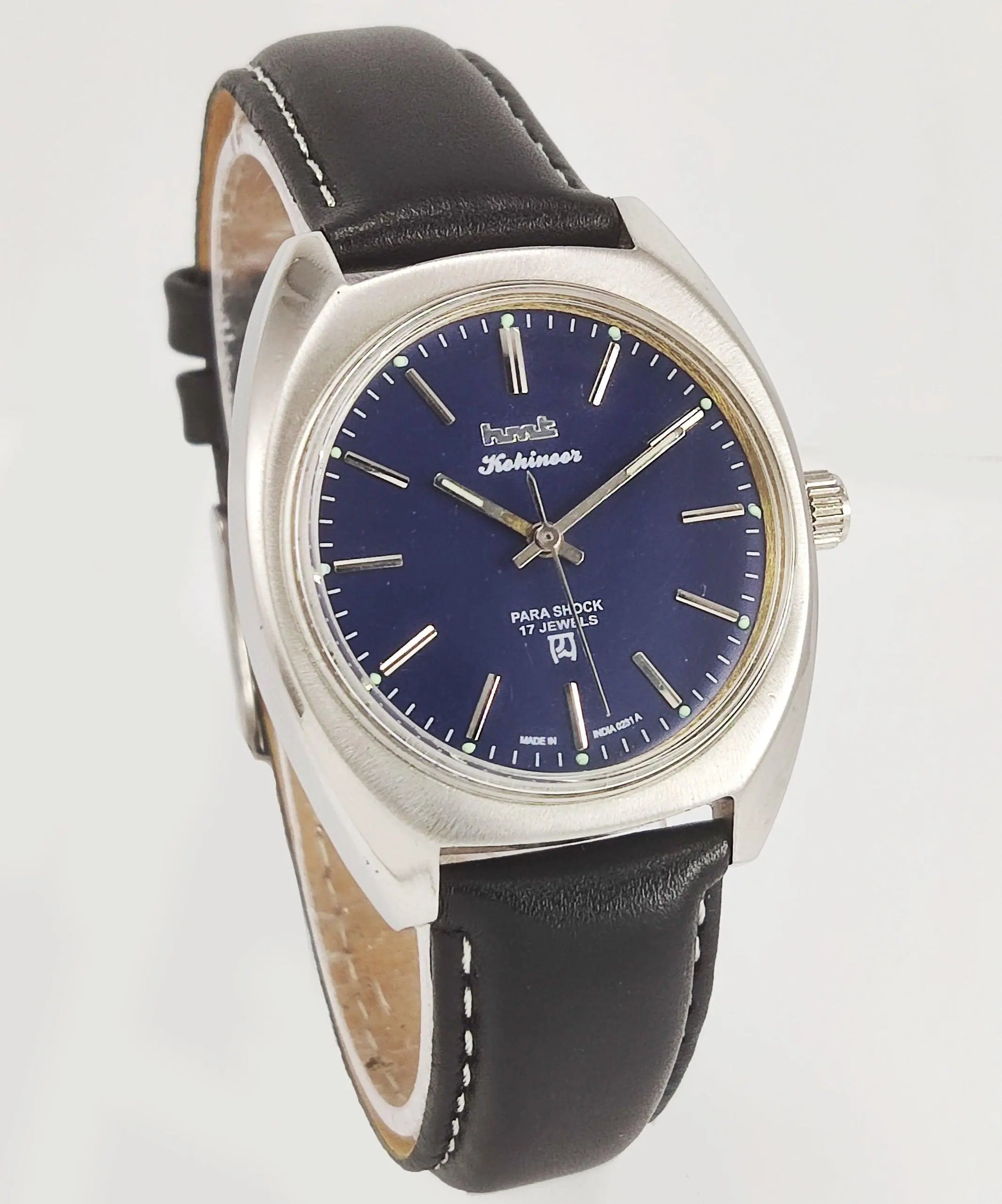 HMT Kohinoor Para Shock 17 Jewels Navy Blue Dial Transparent Back Mechanical Hand winding Men's Wrist Watch - Discover-Diamonds