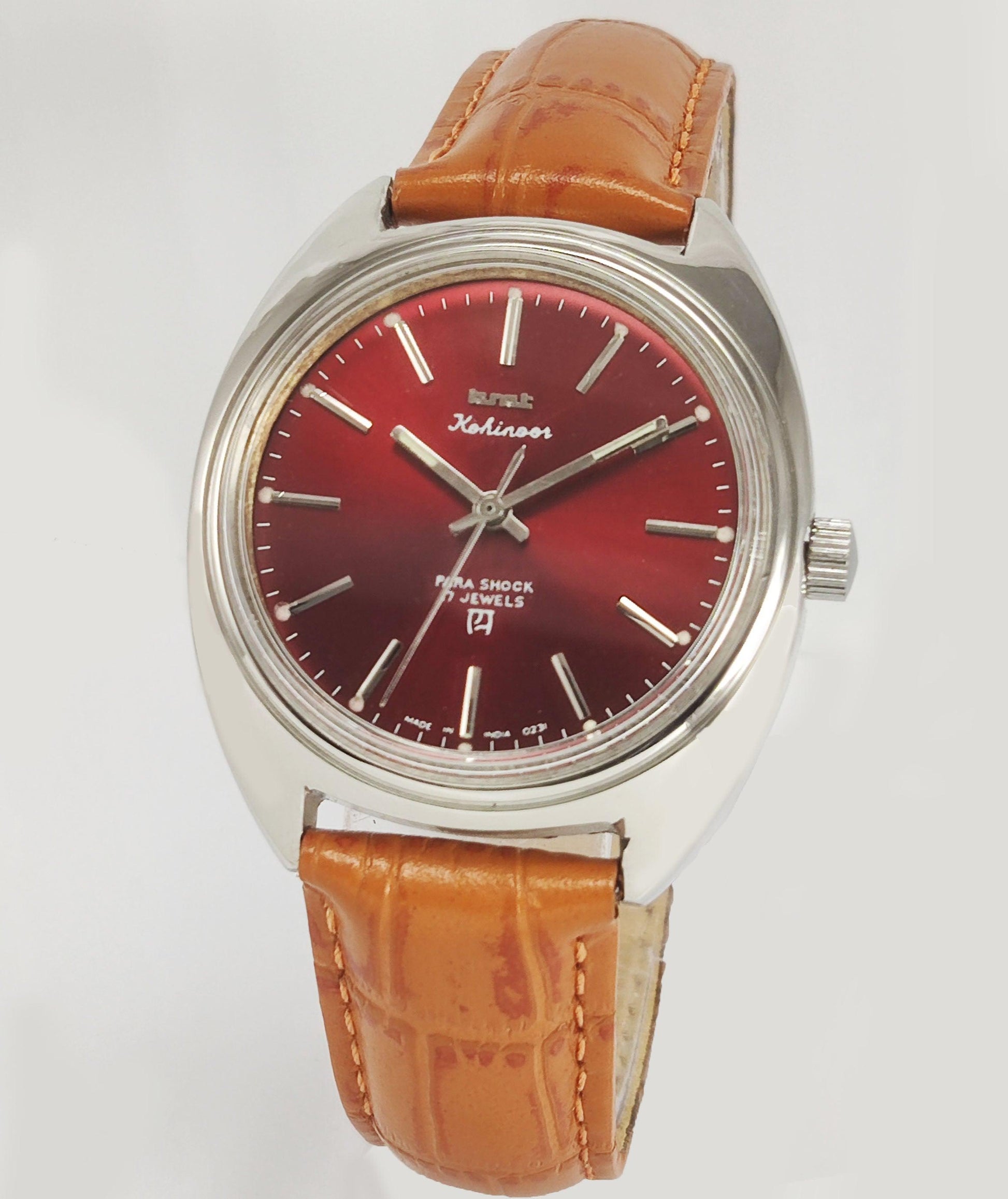 HMT Kohinoor Para Shock 17 Jewels Maroon Red Dial Mechanical Hand winding Men's Wrist Watch - Discover-Diamonds