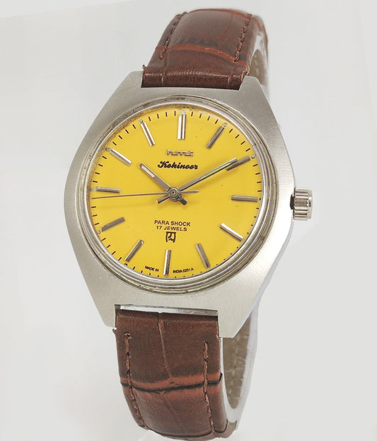 HMT Kohinoor Para Shock 17 Jewels Yellow Dial Mechanical Hand winding Men's Wrist Watch - Discover-Diamonds