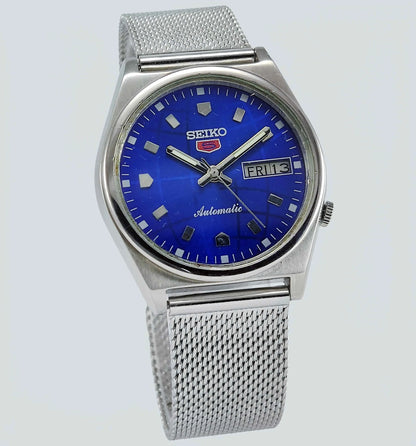 Seiko 5 Automatic-7019A Analog Blue Dial 21 Jewels Analog Day Date Men's Mechanical Watch - Discover-Diamonds