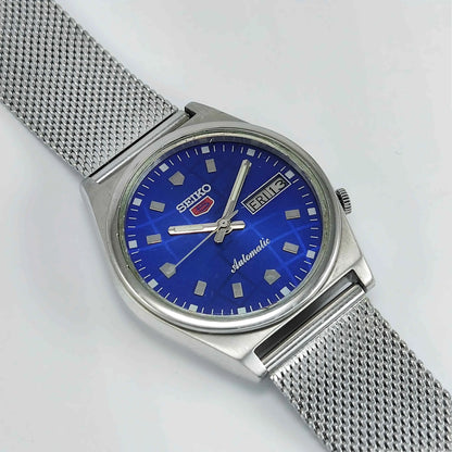 Seiko 5 Automatic-7019A Analog Blue Dial 21 Jewels Analog Day Date Men's Mechanical Watch - Discover-Diamonds