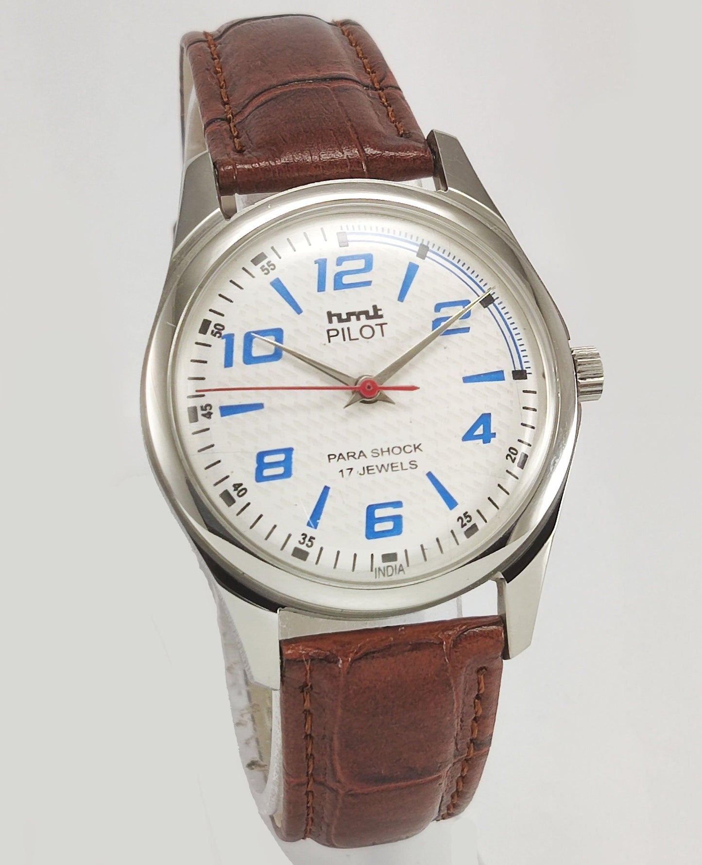 HMT Pilot Para Shock 17 Jewels White Dial Transparent Back Mechanical Hand winding Men's Wrist Watch - Discover-Diamonds