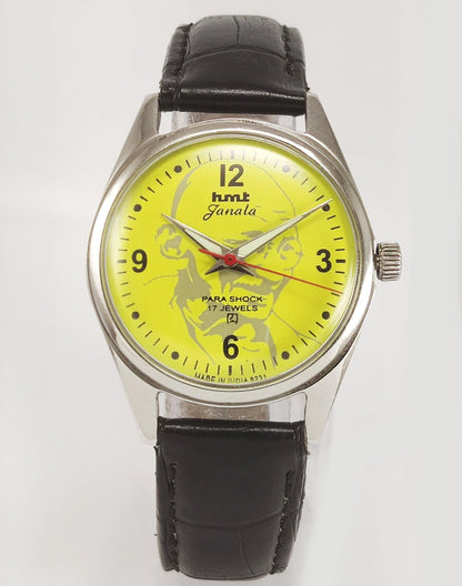 HMT Janata Para Shock 17 Jewels Mahatma Gandhi Yellow Dial Mechanical Hand winding Men's Wrist Watch - Discover-Diamonds