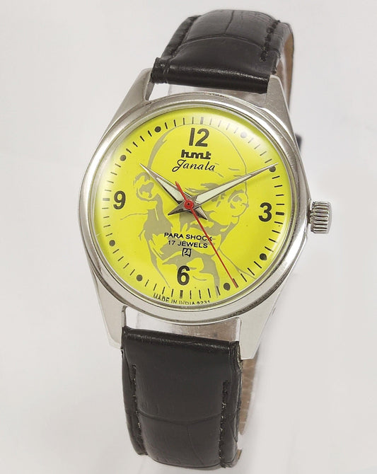 HMT Janata Para Shock 17 Jewels Mahatma Gandhi Yellow Dial Mechanical Hand winding Men's Wrist Watch - Discover-Diamonds