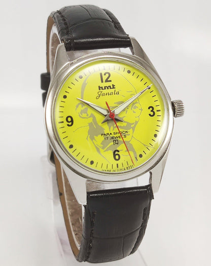 HMT Janata Para Shock 17 Jewels Mahatma Gandhi Yellow Dial Mechanical Hand winding Men's Wrist Watch - Discover-Diamonds