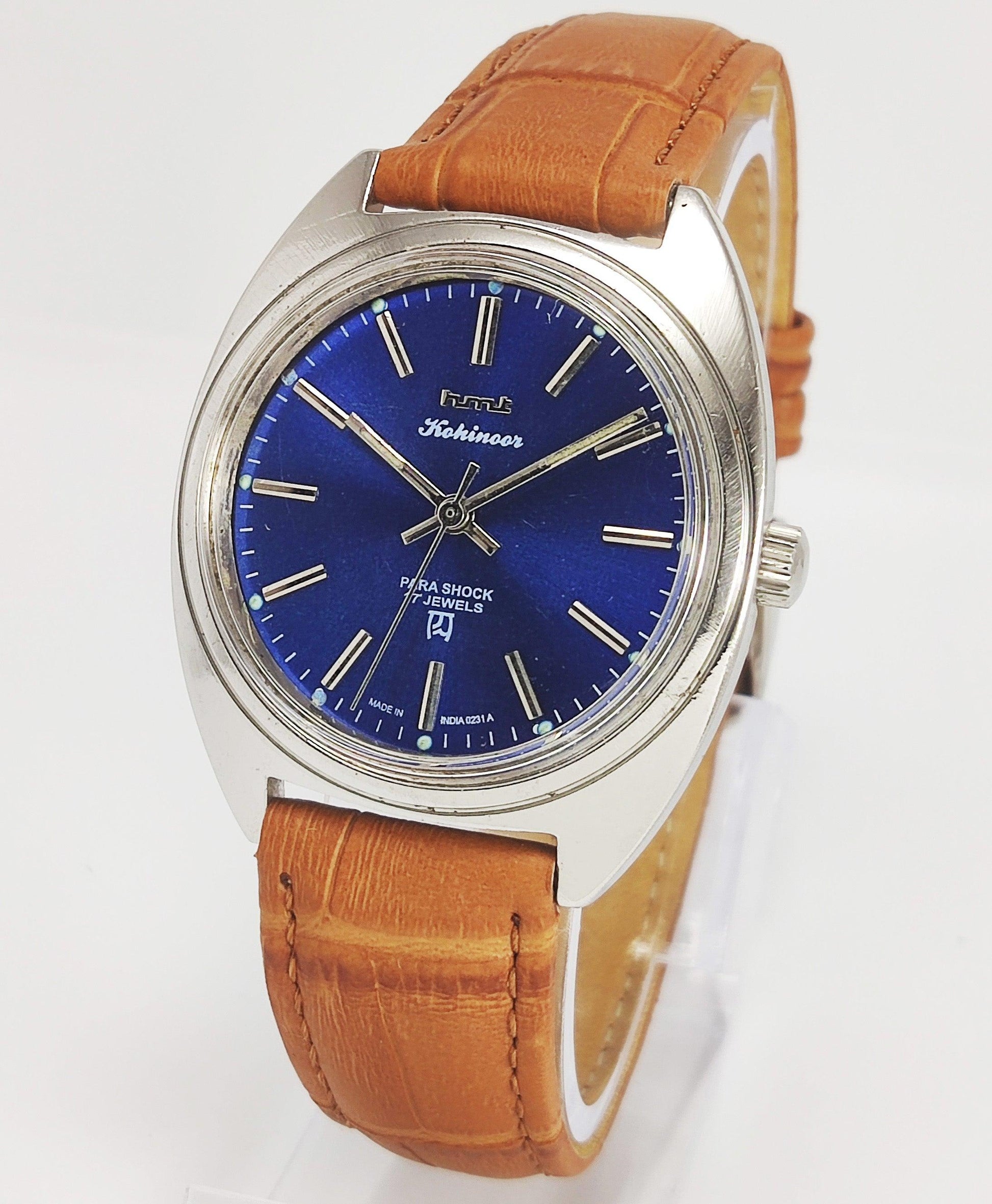 HMT Kohinoor Para Shock 17 Jewels Blue Dial Mechanical Hand winding Men's Wrist Watch - Discover-Diamonds