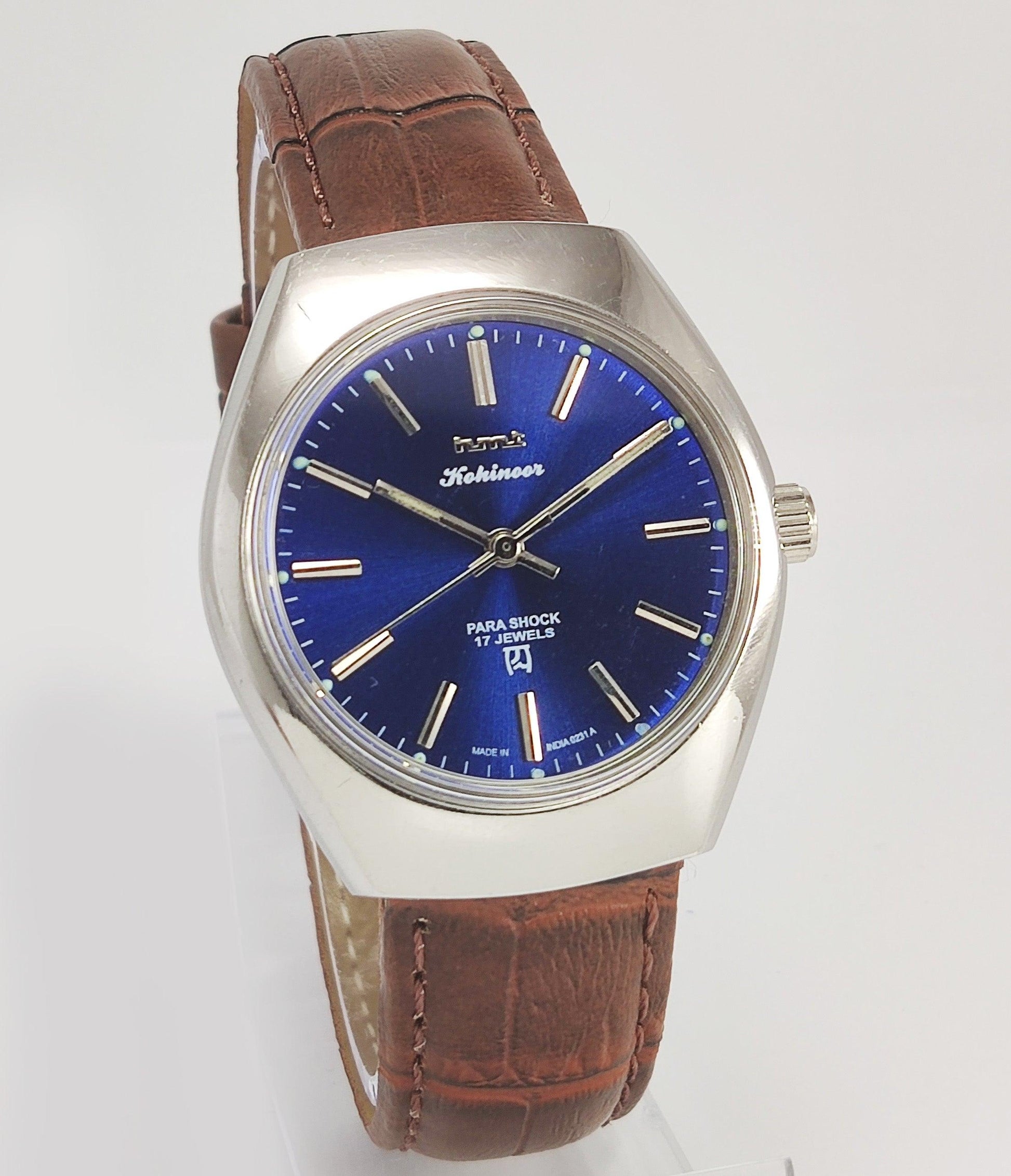 HMT Kohinoor Para Shock 17 Jewels Royal Blue Dial Mechanical Hand winding Men's Wrist Watch - Discover-Diamonds