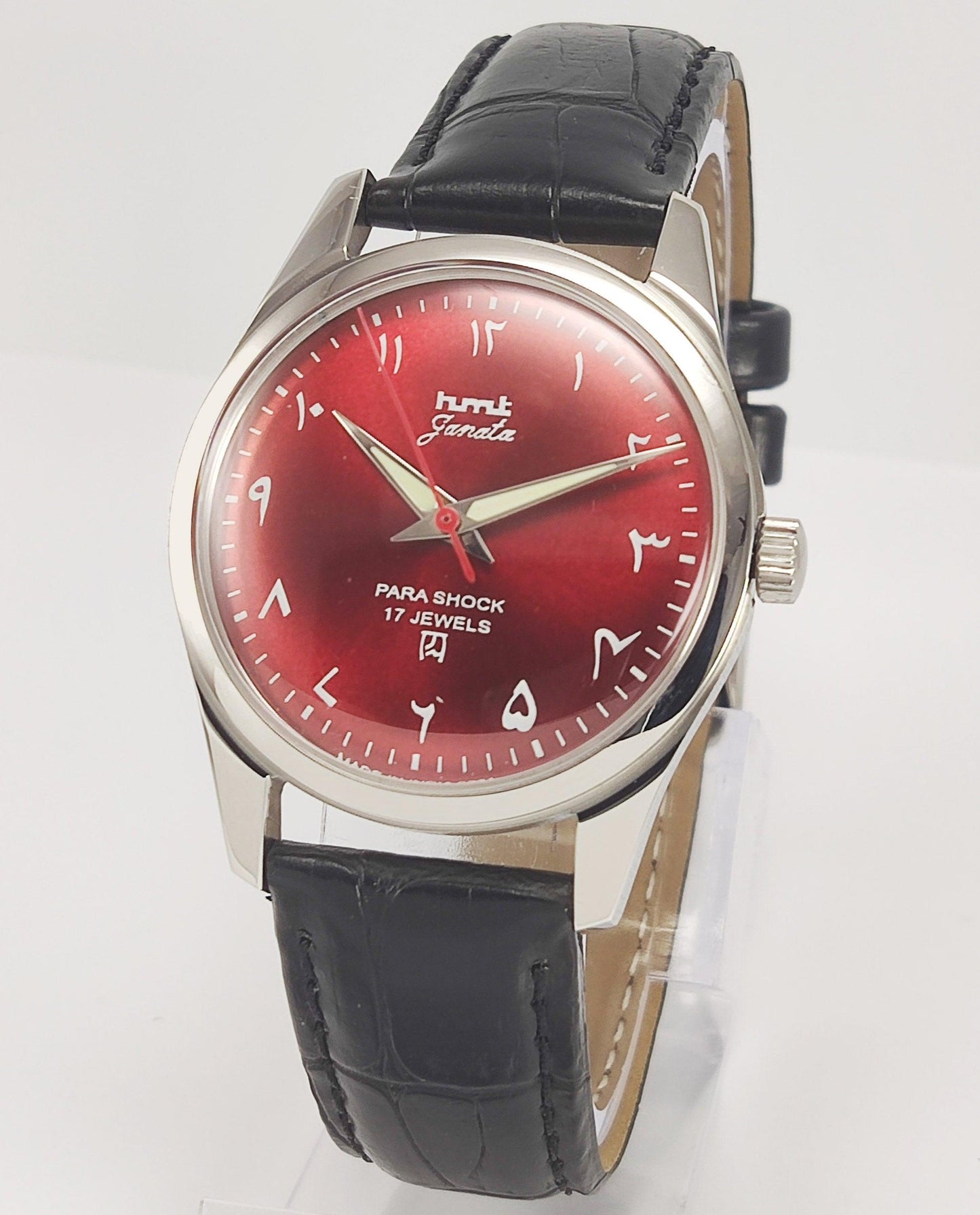 HMT Janata Para Shock 17 Jewels Maroon Red Urdu / Arabic Dial Transparent Back Mechanical Hand winding Men's Wrist Watch - Discover-Diamonds