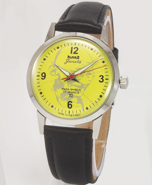 HMT Janata Para Shock 17 Jewels Mahatma Gandhi Lemon Yellow Dial Mechanical Hand winding Men's Wrist Watch Discover-Diamonds