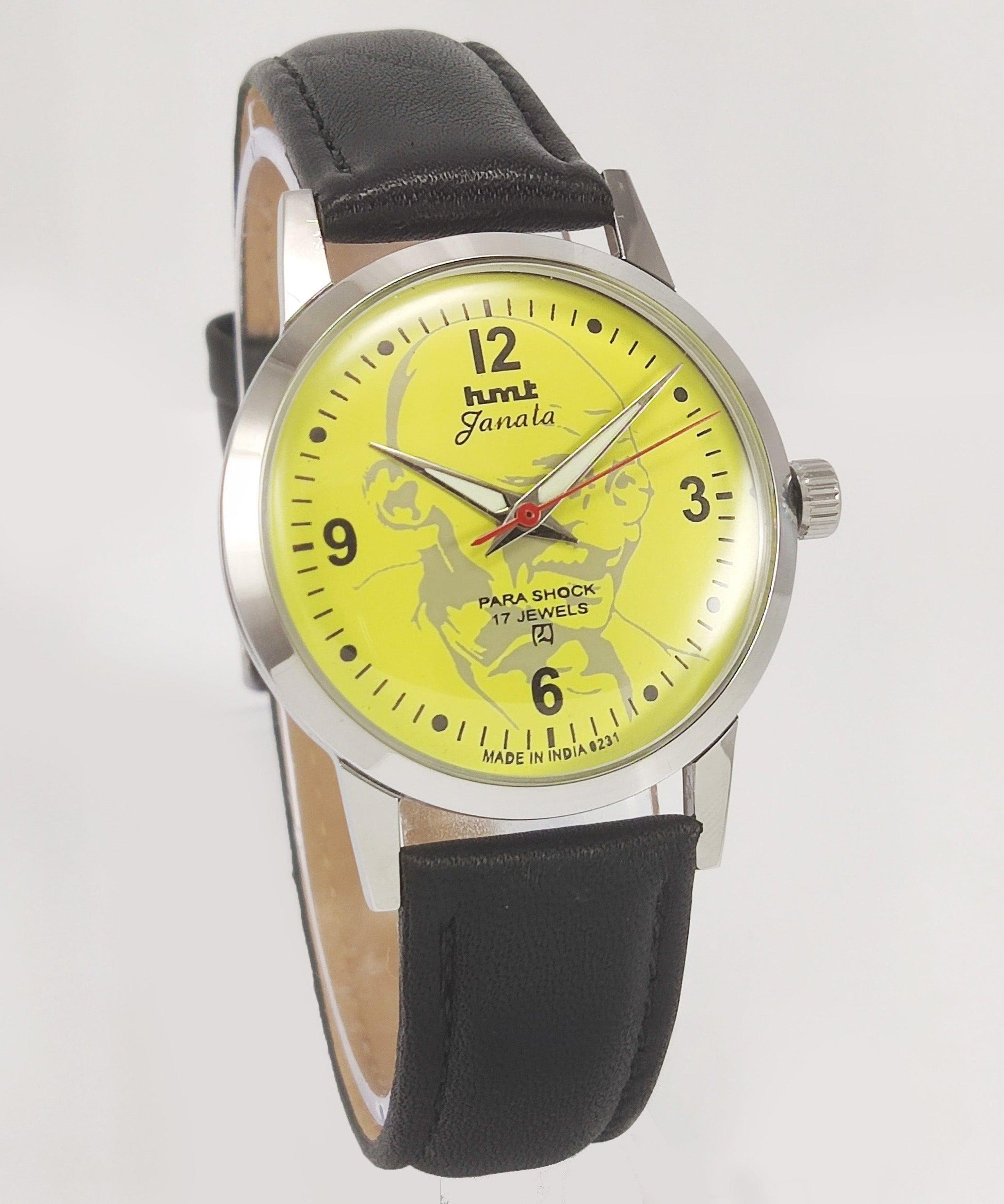 HMT Janata Para Shock 17 Jewels Mahatma Gandhi Lemon Yellow Dial Mechanical Hand winding Men's Wrist Watch Discover-Diamonds