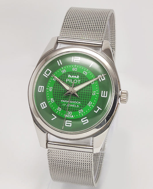 HMT Pilot Para Shock 17 Jewels Green Dial Mechanical Hand winding Men's Wrist Watch Discover-Diamonds